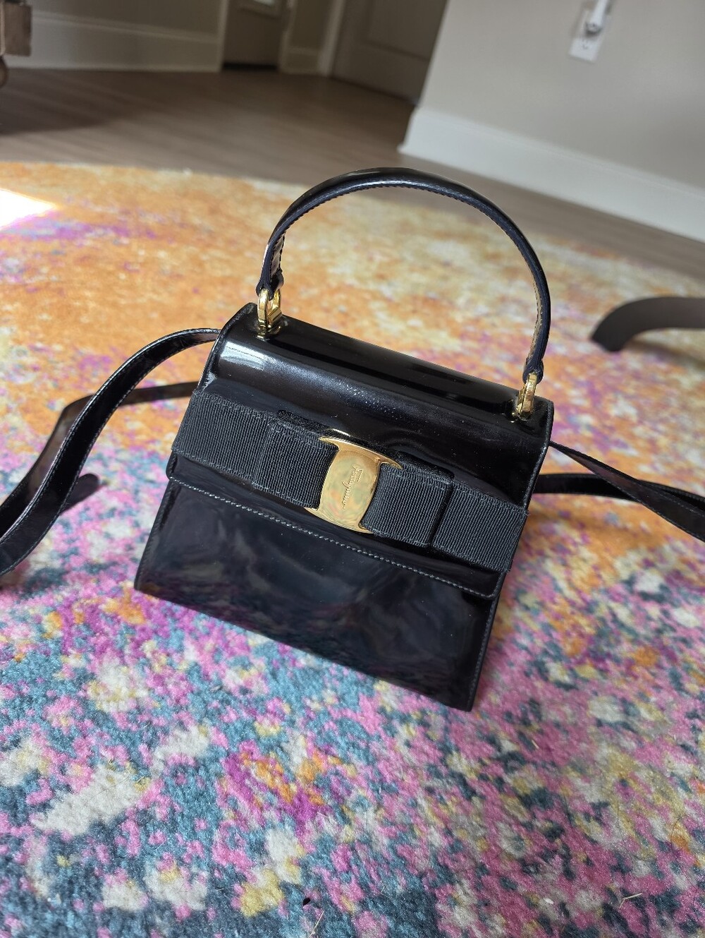 Authentic Salvatore Ferragamo Black Patent Leather Top-Handle Crossbody Bag
